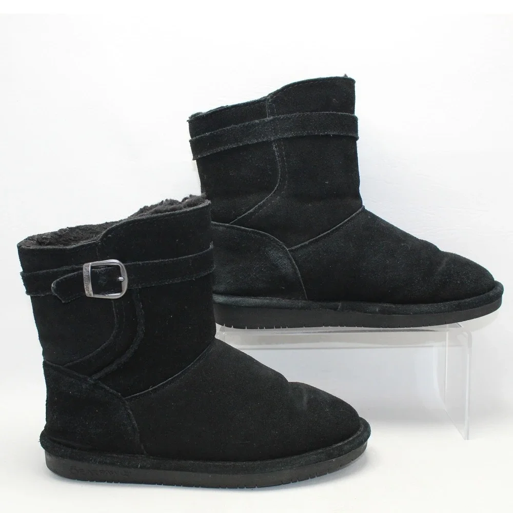 Bearpaw Catherine Women Black Suede Wool Blend‎ Lining Buckle Boots 2182W Size 7